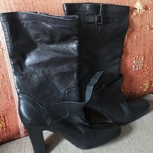 Black Leather Calvin Klein Heeled Mid Calf Boots